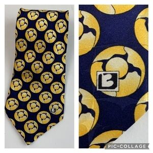 Hugo Boss silk tie navy blue, yellow preppy sporty print tie 4” x 58” EUC.